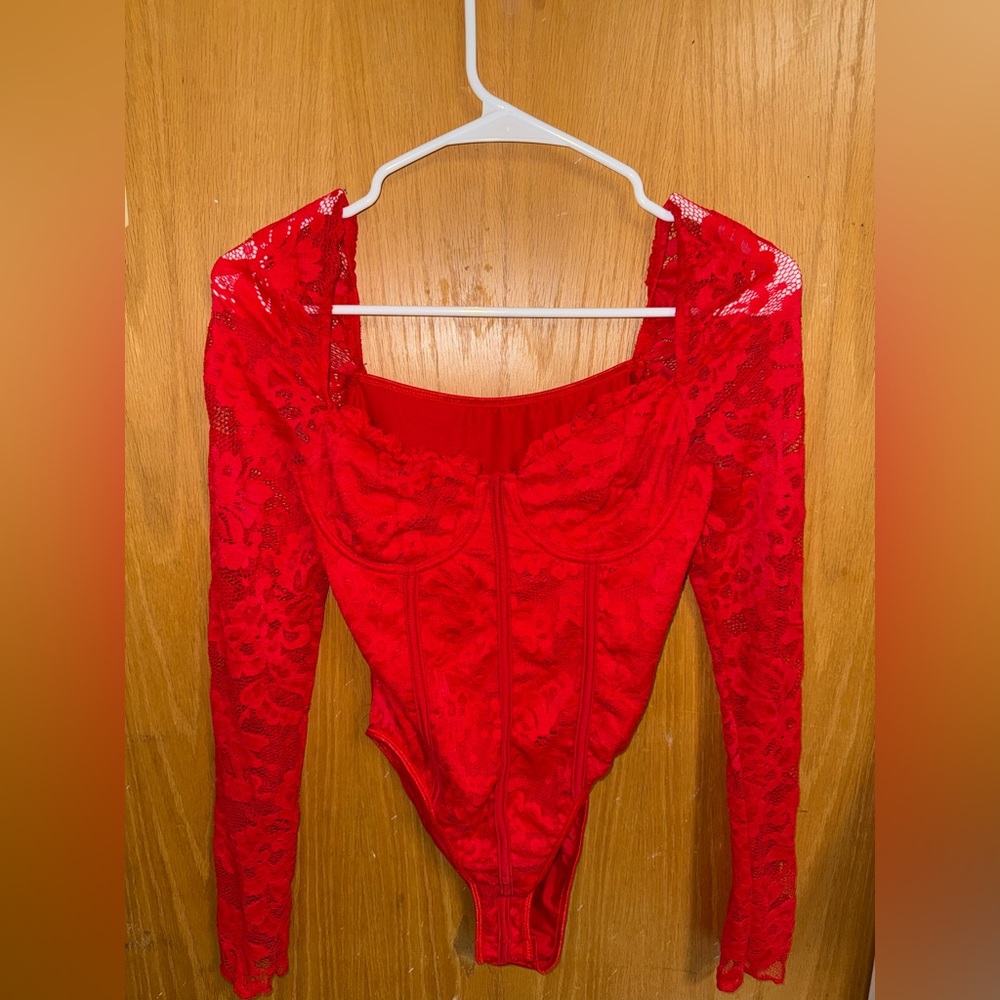 SHEIN Bold Red Lace Bodysuit